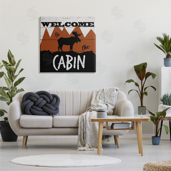 Stupell Industries Katrina Craven | Welcome To Cabin Phrase Rustic Moose Orange Mountains Wall Art
