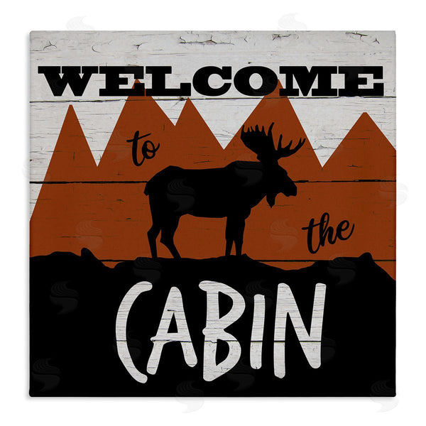 stupell industries Katrina Craven | Welcome To Cabin Phrase Rustic Moose Orange Mountains Wall Art