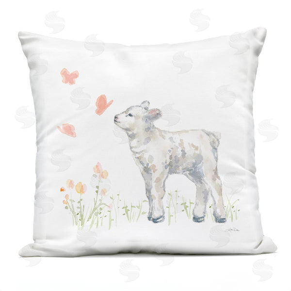 Stupell Industries Katrina Pete | Baby Lamb Pink Fluttering Butterflies Meadow Printed Throw Pillow