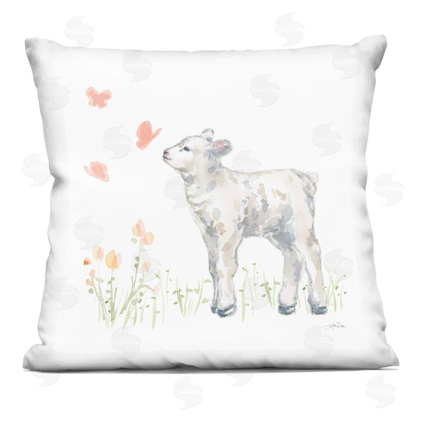 stupell industries Katrina Pete | Baby Lamb Pink Fluttering Butterflies Meadow Printed Throw Pillow