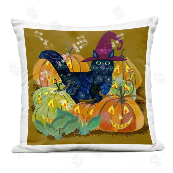 Stupell Industries Kay Widdowson | Cat With Jack-o-Lanterns Printed Throw Pillow