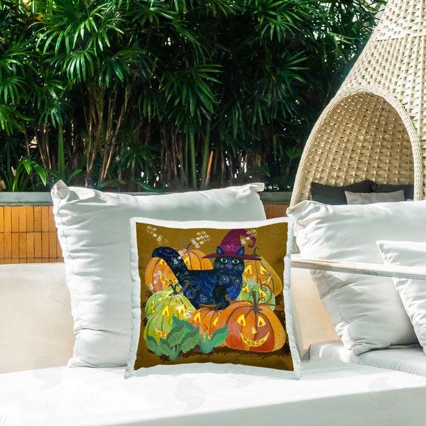 Stupell Industries Kay Widdowson | Cat With Jack-o-Lanterns Printed Throw Pillow