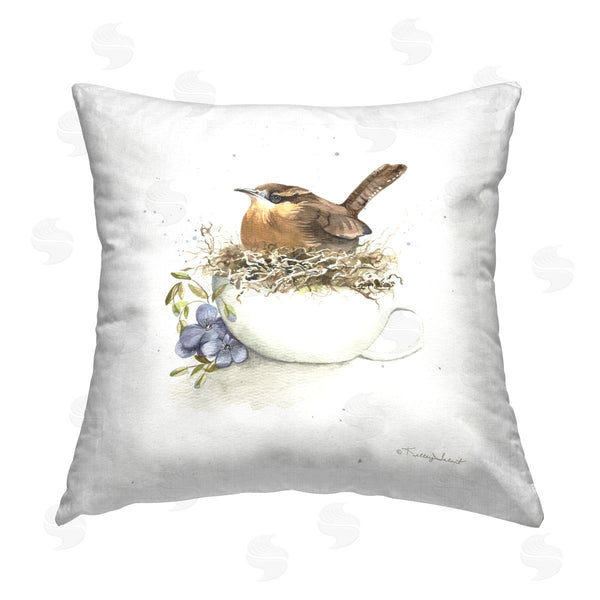 stupell industries Kelley Talent | Brown Bird on Teacup Nest Printed Throw Pillow