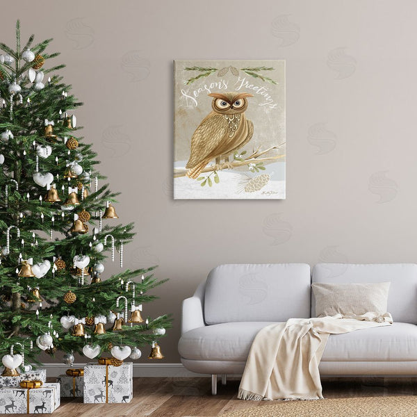 Stupell Industries Kelley Talent | Season's Greetings Winter Snowscape Owl Perched Pinecones Wall Art