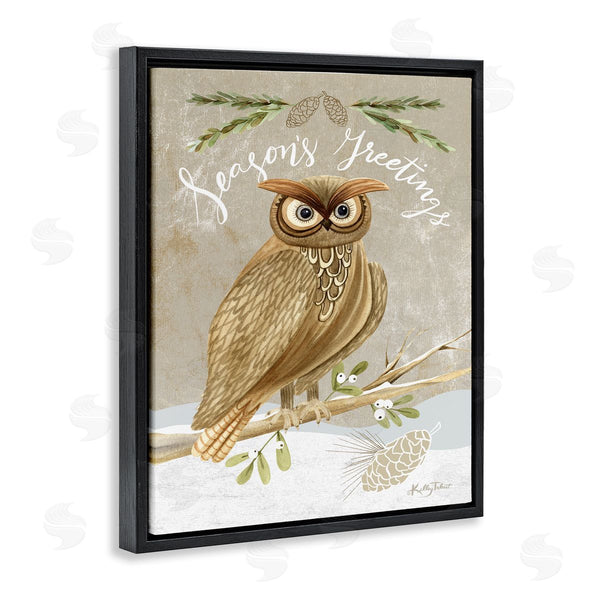 Stupell Industries Kelley Talent | Season's Greetings Winter Snowscape Owl Perched Pinecones Wall Art