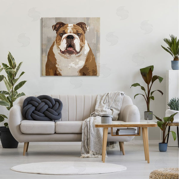 Stupell Industries Keri Rodgers | Bulldog Hungrily Waiting Dull Abstract Background Pet Collage Wall Art