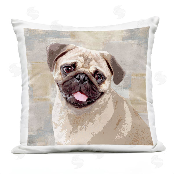 Stupell Industries Keri Rodgers | Happy Pug Dog Beige Grey Patchwork Pattern Printed Throw Pillow