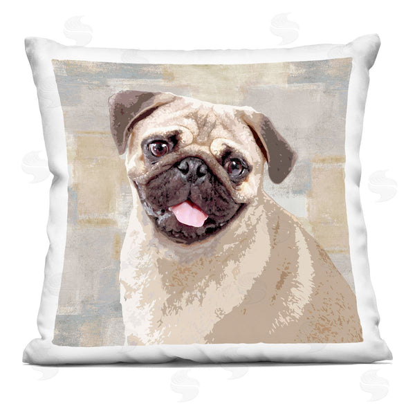 stupell industries Keri Rodgers | Happy Pug Dog Beige Grey Patchwork Pattern Printed Throw Pillow