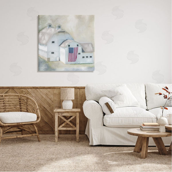 Stupell Industries Kim Allen | American Flag White Farmhouse Barn Rural Countryside Wall Art