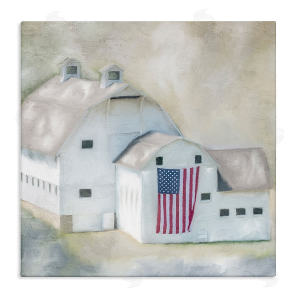stupell industries Kim Allen | American Flag White Farmhouse Barn Rural Countryside Wall Art