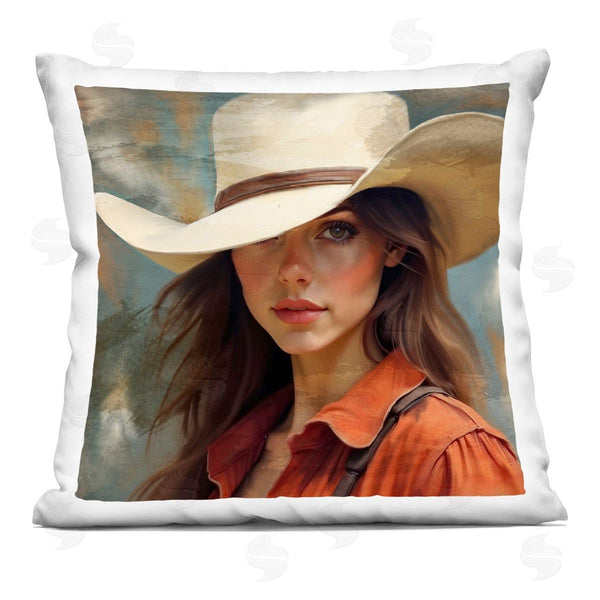 stupell industries Kim Allen | Cowgirl Gaze Beneath Hat Printed Throw Pillow