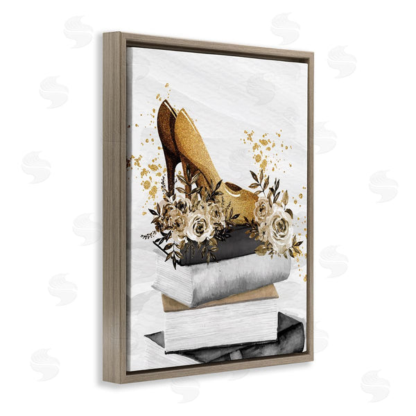 Stupell Industries Kim Allen | Dazzling Floral Heel Shoes Trendy Books Stacked Wall Art