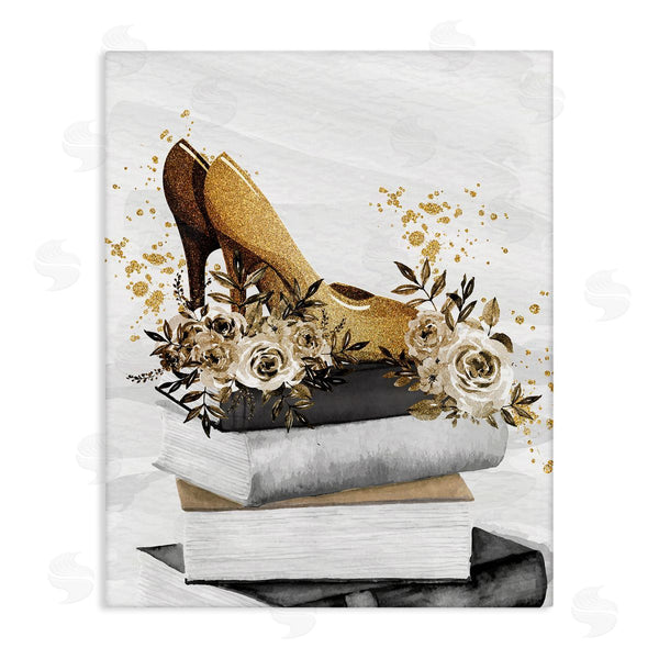 stupell industries Kim Allen | Dazzling Floral Heel Shoes Trendy Books Stacked Wall Art