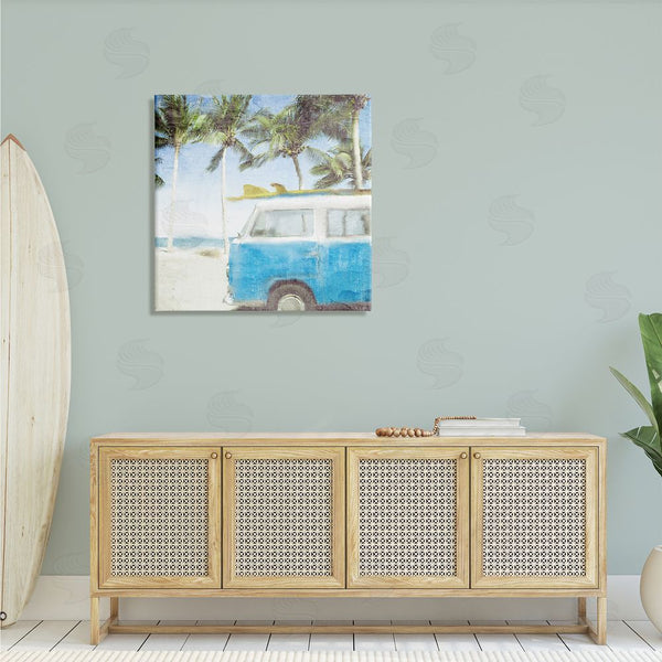 Stupell Industries Kim Allen | Distressed Tropical Beach Surf Van Palm Trees Coastline Wall Art