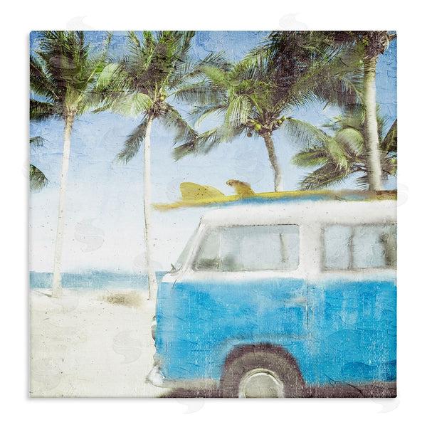 stupell industries Kim Allen | Distressed Tropical Beach Surf Van Palm Trees Coastline Wall Art