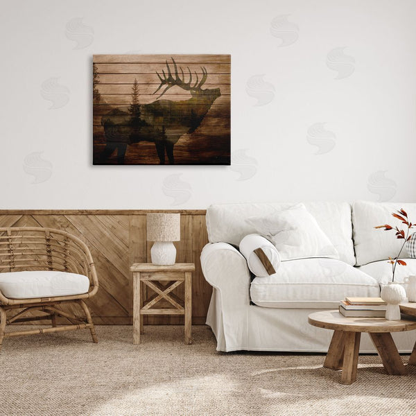 Stupell Industries Kim Allen | Forest Elk Silhouette Rustic Plank Pattern Tree Landscape Wall Art