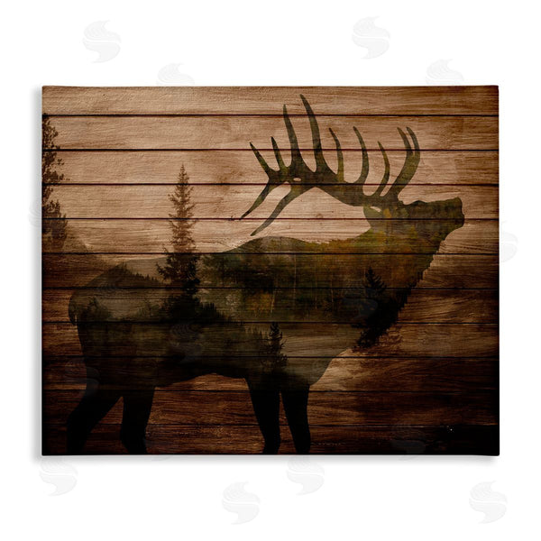 stupell industries Kim Allen | Forest Elk Silhouette Rustic Plank Pattern Tree Landscape Wall Art