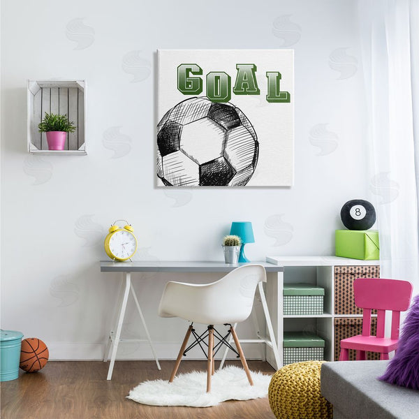 Stupell Industries Kim Allen | Goal Soccer Ball Sports Green Varsity Typography Wall Art