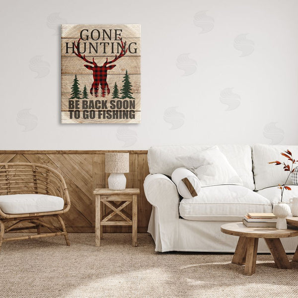 Stupell Industries Kim Allen | Gone Hunting Sign Rustic Forest Plaid Deer Wall Art
