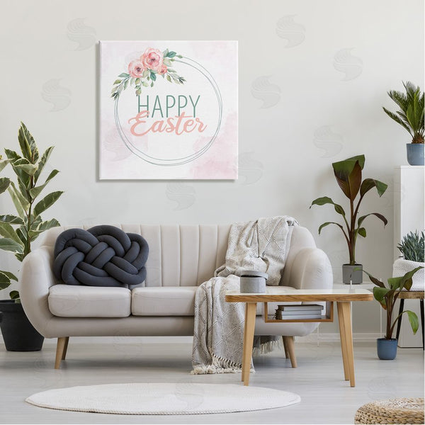 Stupell Industries Kim Allen | Happy Easter Round Floral Border Pastel Pink Design Wall Art