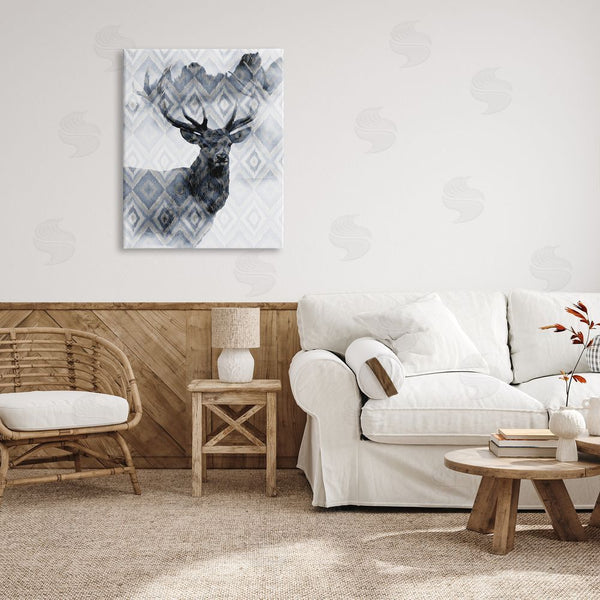 Stupell Industries Kim Allen | Large Antler Elk Portrait Rustic Blue Diamond Pattern Wall Art