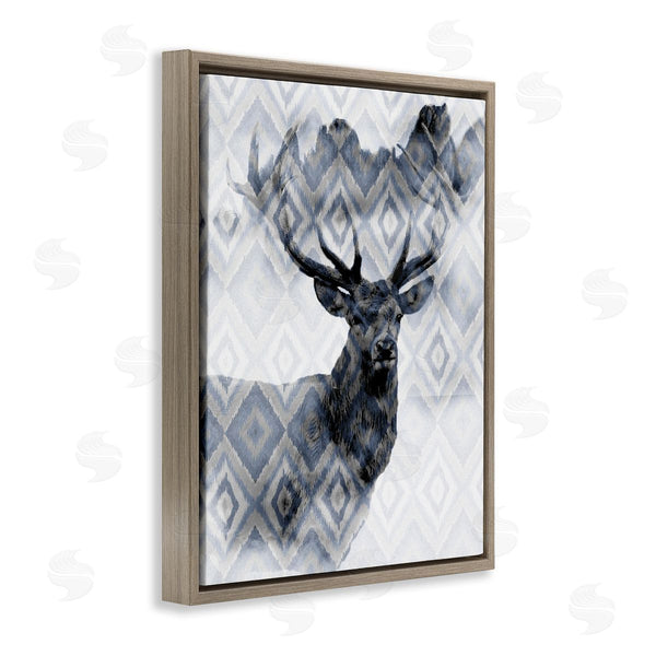 Stupell Industries Kim Allen | Large Antler Elk Portrait Rustic Blue Diamond Pattern Wall Art
