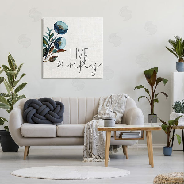 Stupell Industries Kim Allen | Live Simply Calligraphy Phrase Blue Flower Botanicals Wall Art