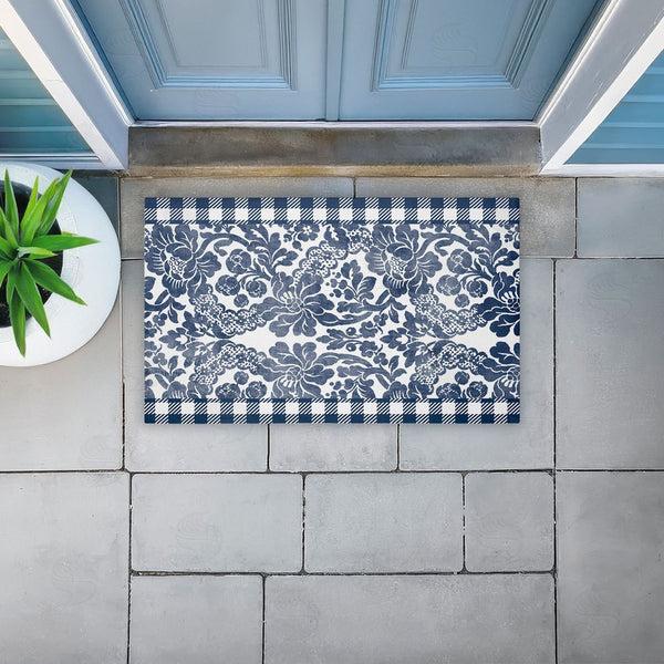 Stupell Industries Kim Allen | Navy Gingham Florals Non-Woven Door Mat