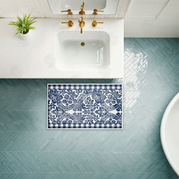 Stupell Industries Kim Allen | Navy Gingham Florals Plush Bath Mat