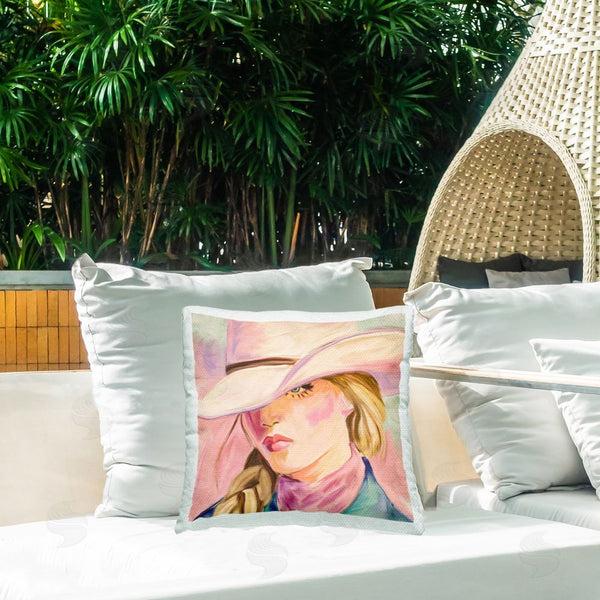 Stupell Industries Kim Allen | Pastel Cowgirl Gaze Beneath Hat Printed Throw Pillow