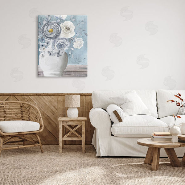 Stupell Industries Kim Allen | Round Flower Blossom Bouquet Blue Paint Speckles Wall Art