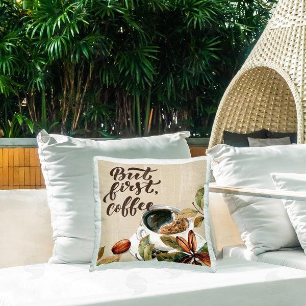 Stupell Industries Kim Allen | Rustic But First Coffee Printed Throw Pillow