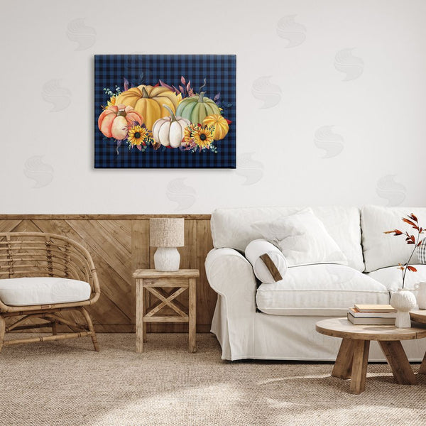 Stupell Industries Kim Allen | Sunflowers & Pumpkins Botanical Arrangement Blue Tartan Pattern Wall Art