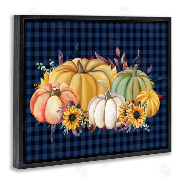 Stupell Industries Kim Allen | Sunflowers & Pumpkins Botanical Arrangement Blue Tartan Pattern Wall Art