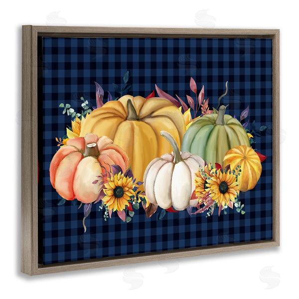 Stupell Industries Kim Allen | Sunflowers & Pumpkins Botanical Arrangement Blue Tartan Pattern Wall Art