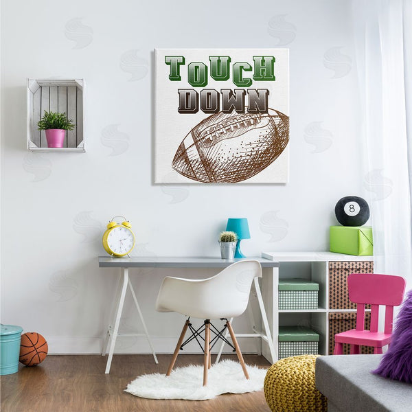 Stupell Industries Kim Allen | Touch Down Football Sports Ball Green Varsity Typography Wall Art