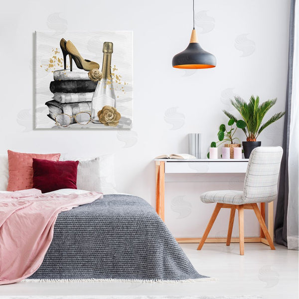 Stupell Industries Kim Allen | Trendy Fashion Heels Book Stack Dazzling Champagne Wall Art