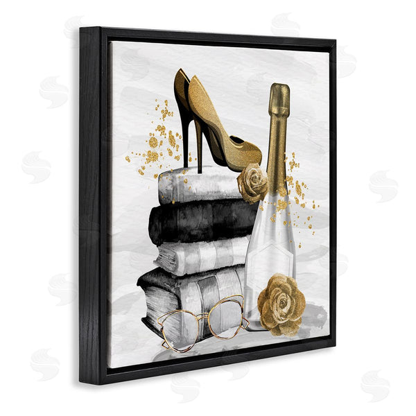 Stupell Industries Kim Allen | Trendy Fashion Heels Book Stack Dazzling Champagne Wall Art