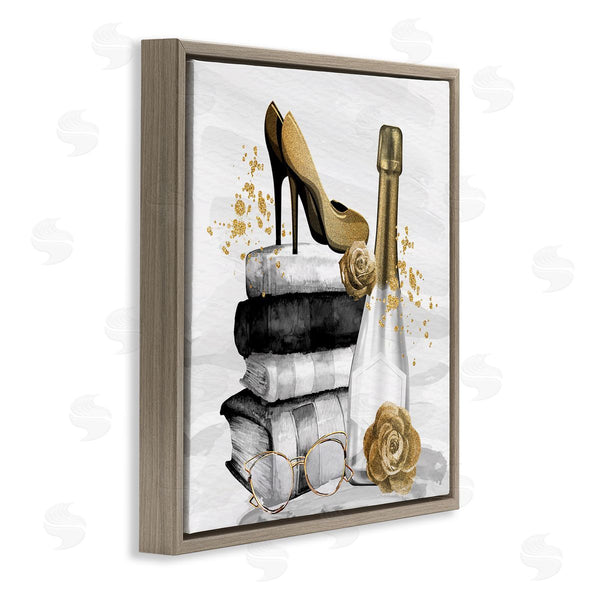 Stupell Industries Kim Allen | Trendy Fashion Heels Book Stack Dazzling Champagne Wall Art