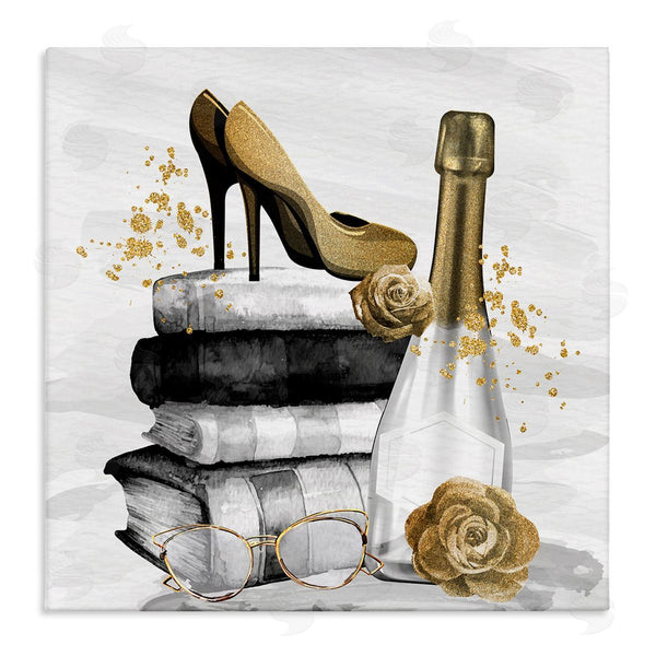 stupell industries Kim Allen | Trendy Fashion Heels Book Stack Dazzling Champagne Wall Art