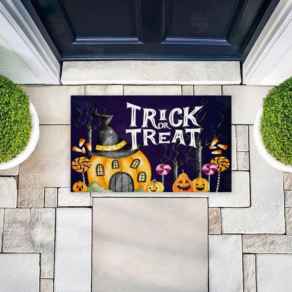 Stupell Industries Kim Allen | Trick Or Treat Pumpkin House Non-Woven Door Mat
