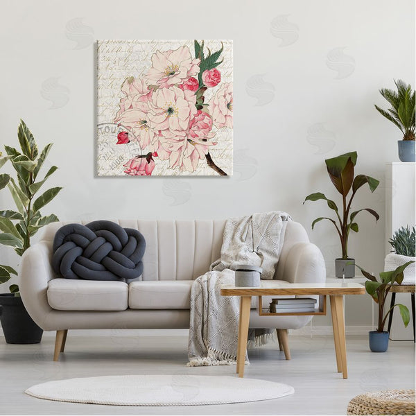 Stupell Industries Kim Allen | Vintage Pink Floral Arrangement Ornate Script Stamp Wall Art