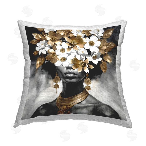 Stupell Industries Kim Allen | Woman & Gold Flowers Printed Throw Pillow