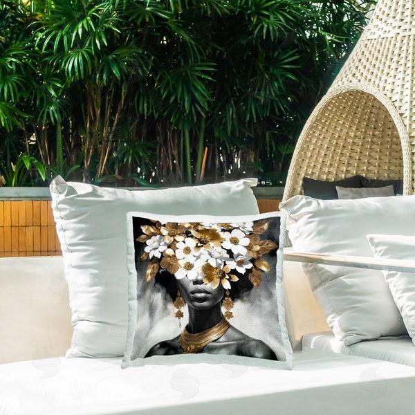 Stupell Industries Kim Allen | Woman & Gold Flowers Printed Throw Pillow