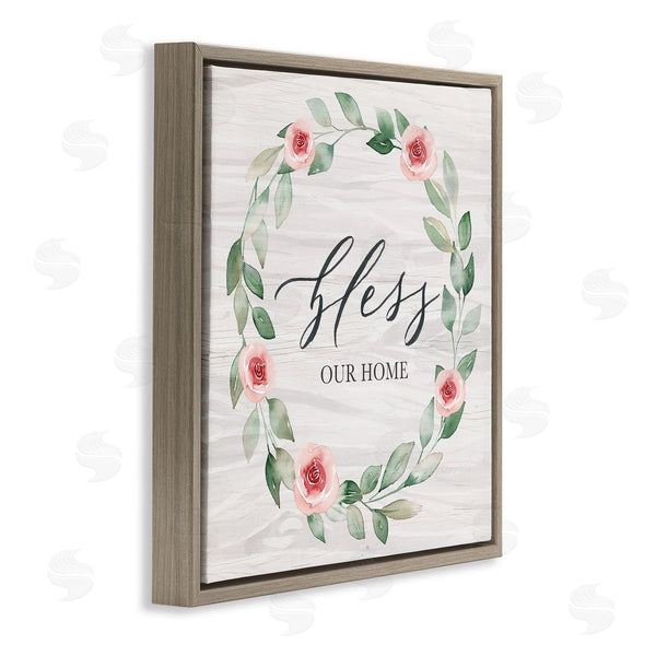 Stupell Industries Kristen Brockmon | Bless Our Home Family Phrase Simple Pink Rose Wreath Wall Art