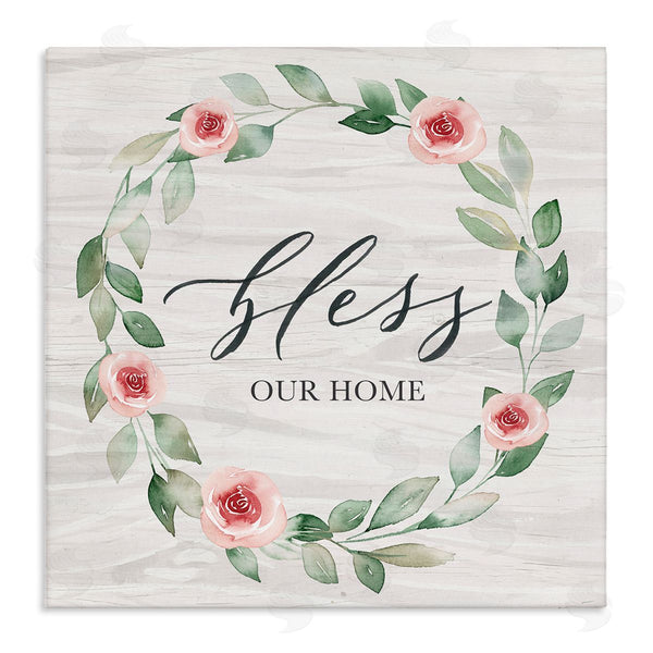 stupell industries Kristen Brockmon | Bless Our Home Family Phrase Simple Pink Rose Wreath Wall Art