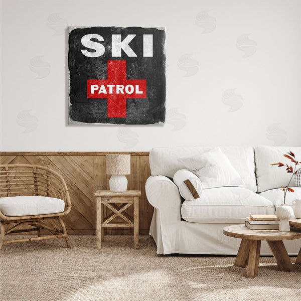 Stupell Industries Lady Louise Designs | Ski Patrol Sign Red Cross Symbol Rustic Black Wall Art