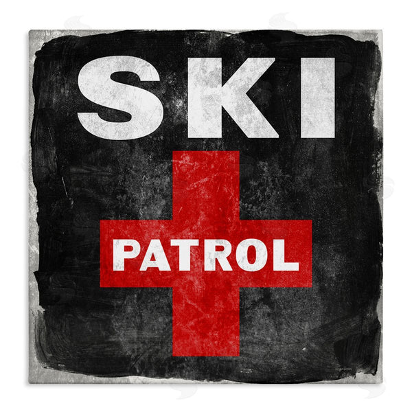 stupell industries Lady Louise Designs | Ski Patrol Sign Red Cross Symbol Rustic Black Wall Art