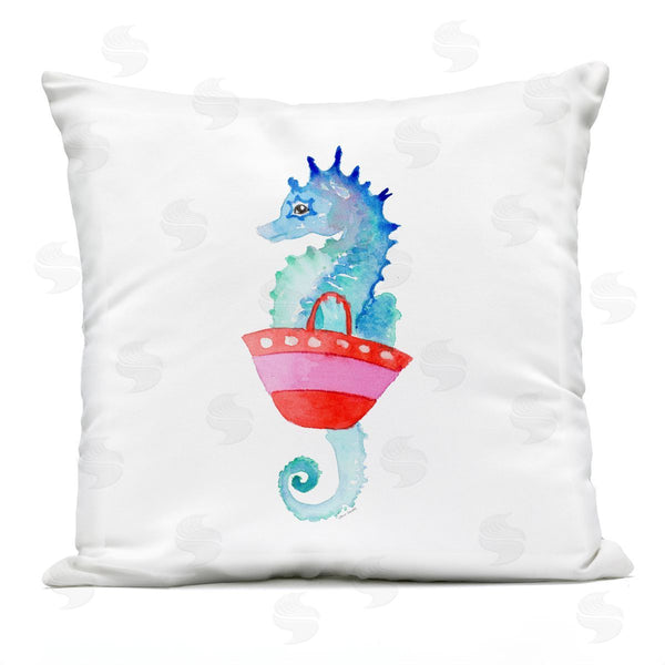 Stupell Industries Lanie Loreth | Blue Seahorse Carrying Red Beach Bag Printed Throw Pillow