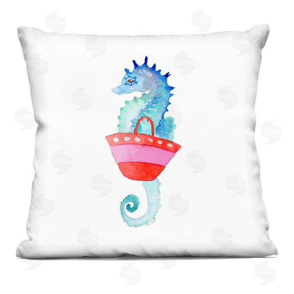 stupell industries Lanie Loreth | Blue Seahorse Carrying Red Beach Bag Printed Throw Pillow